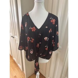 Lush Womens Floral Print Tie Front Button Down 3/4 Sleeve Blouse Top Large